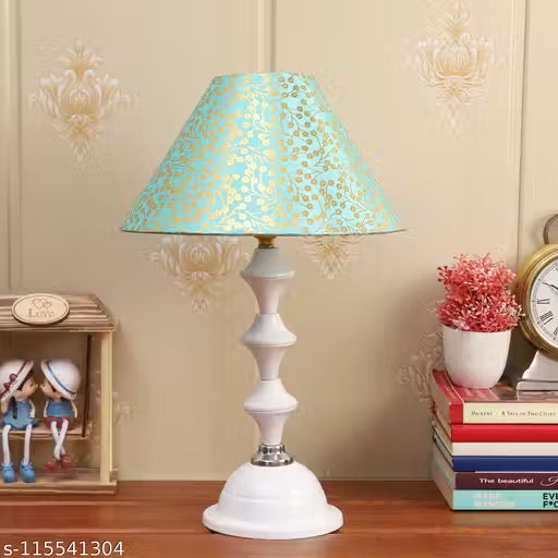 Green & Gold Fabric Shade with White Metal Base Table Lamp