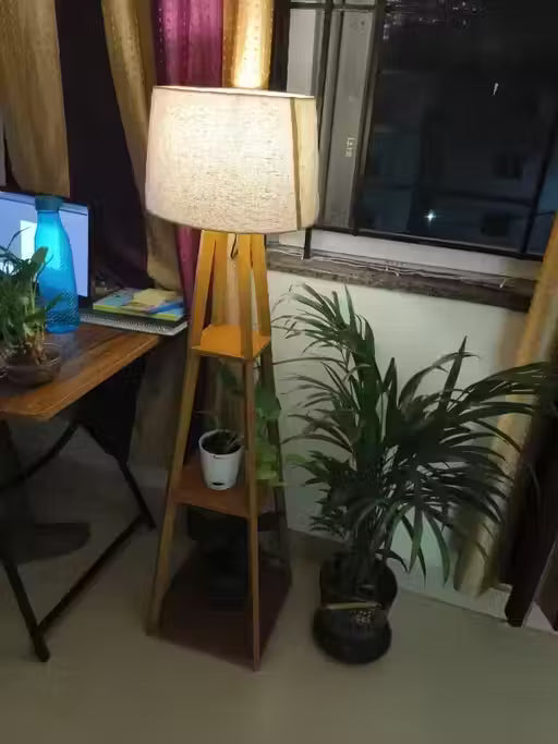Wooden Tall Table Lamp – Natural Fiber Shade