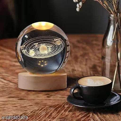 Crystal Ball with LED Wooden Base – 3D Glass Solar System Night Light