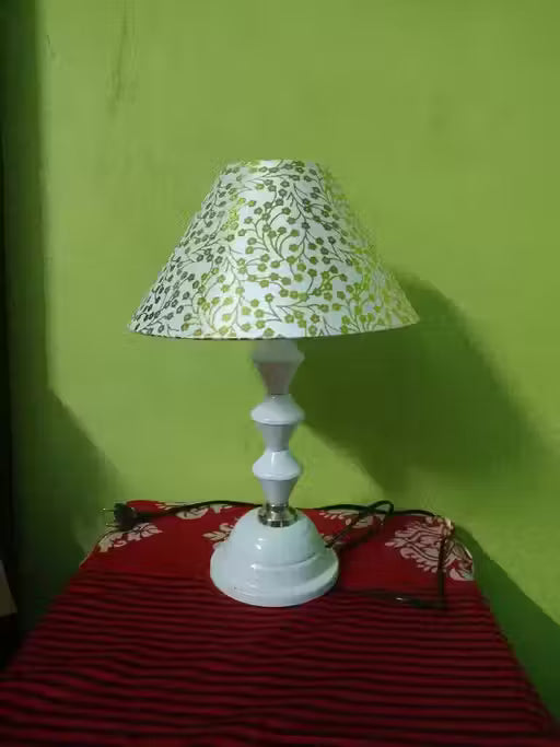 Green & Gold Fabric Shade with White Metal Base Table Lamp