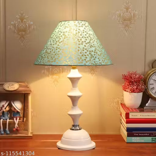 Green & Gold Fabric Shade with White Metal Base Table Lamp