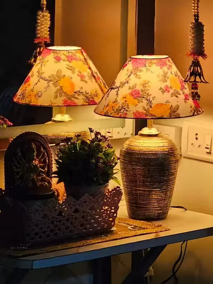 Blue Fabric Shade With Antique Terracotta Lamp