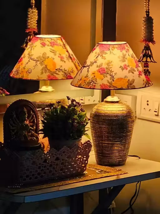Blue Fabric Shade With Antique Terracotta Lamp