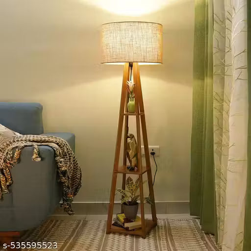 Wooden Tall Table Lamp – Natural Fiber Shade