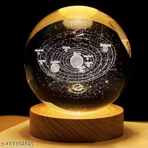 Crystal Ball with LED Wooden Base – 3D Glass Solar System Night Light