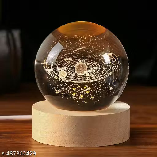 Crystal Ball with LED Wooden Base – 3D Glass Solar System Night Light